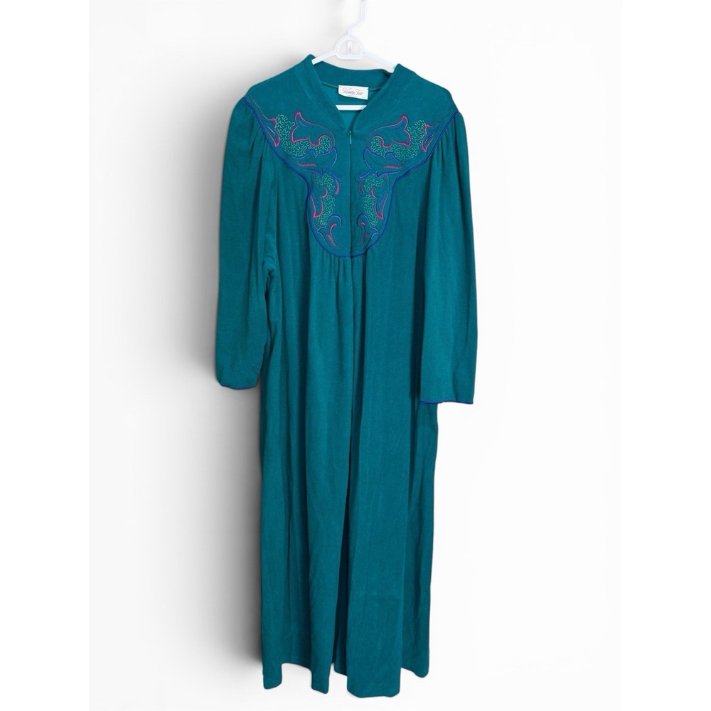 Vintage Vanity Fair Teal Embroidered House Dress Robe XXL USA Made